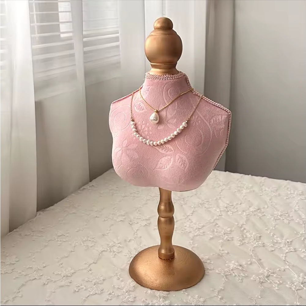 Jewelry necklace display mannequin pink floral bronze gold